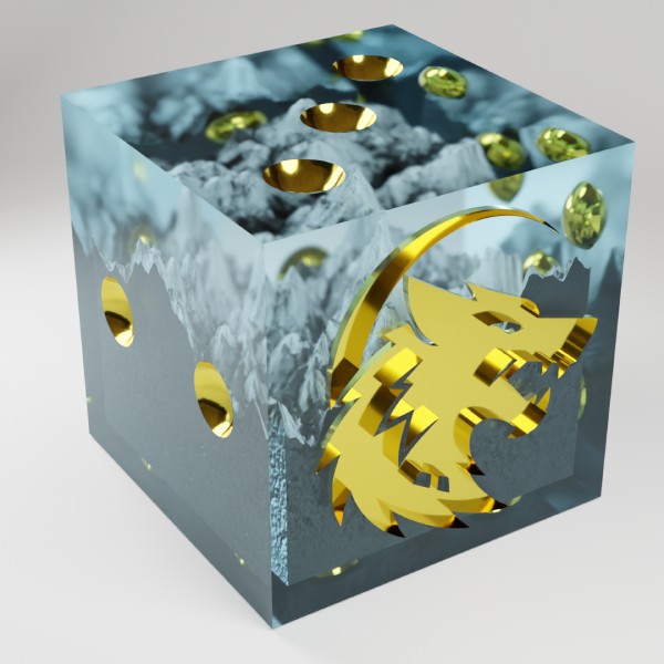 A render of the mountain dice with wolf style dice