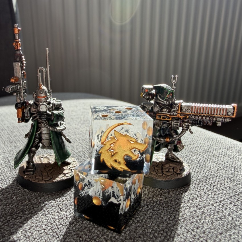 The mountain dice shown next to two miniatures